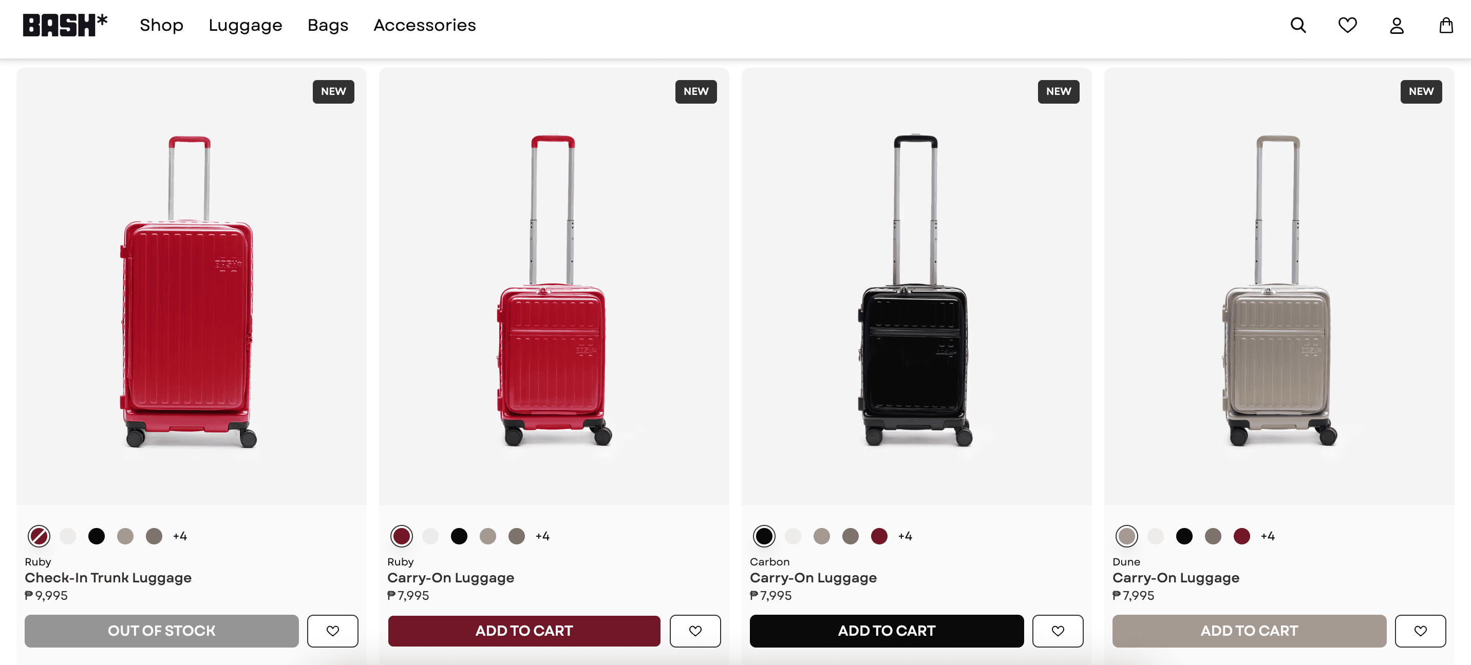 BASH* Manila luggage collection grid showing Check-In Trunk and Carry-On suitcases in Ruby, Carbon and Dune