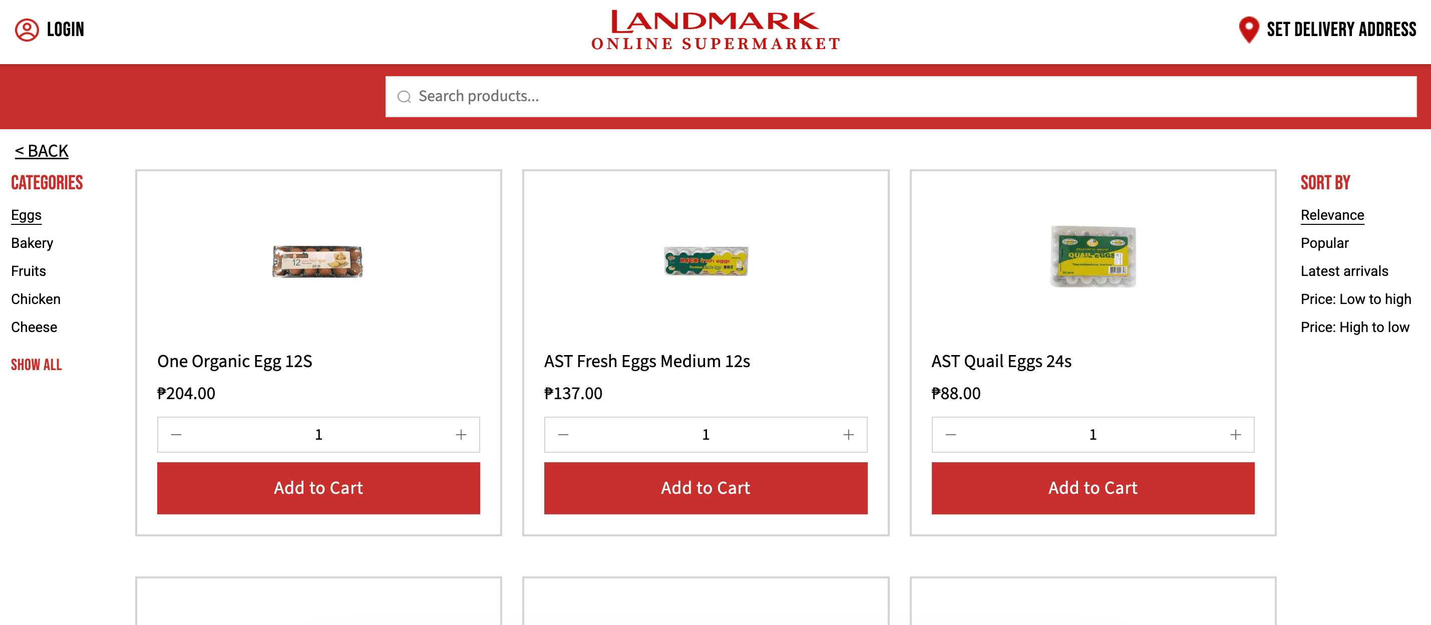 Landmark Online Supermarket product listing for eggs with category filters, sort options and add-to-cart controls