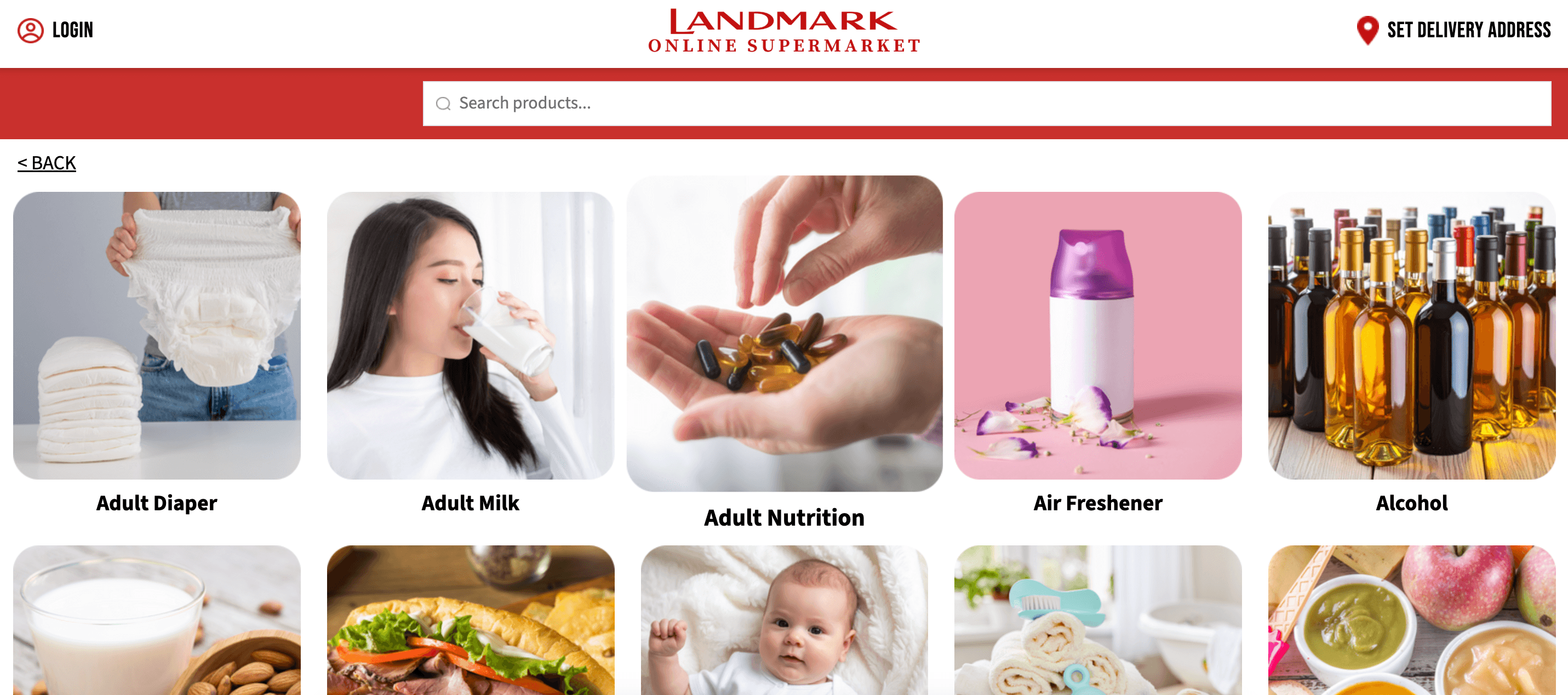 Landmark Online Supermarket category directory with image tiles for adult nutrition, air fresheners, alcohol and more