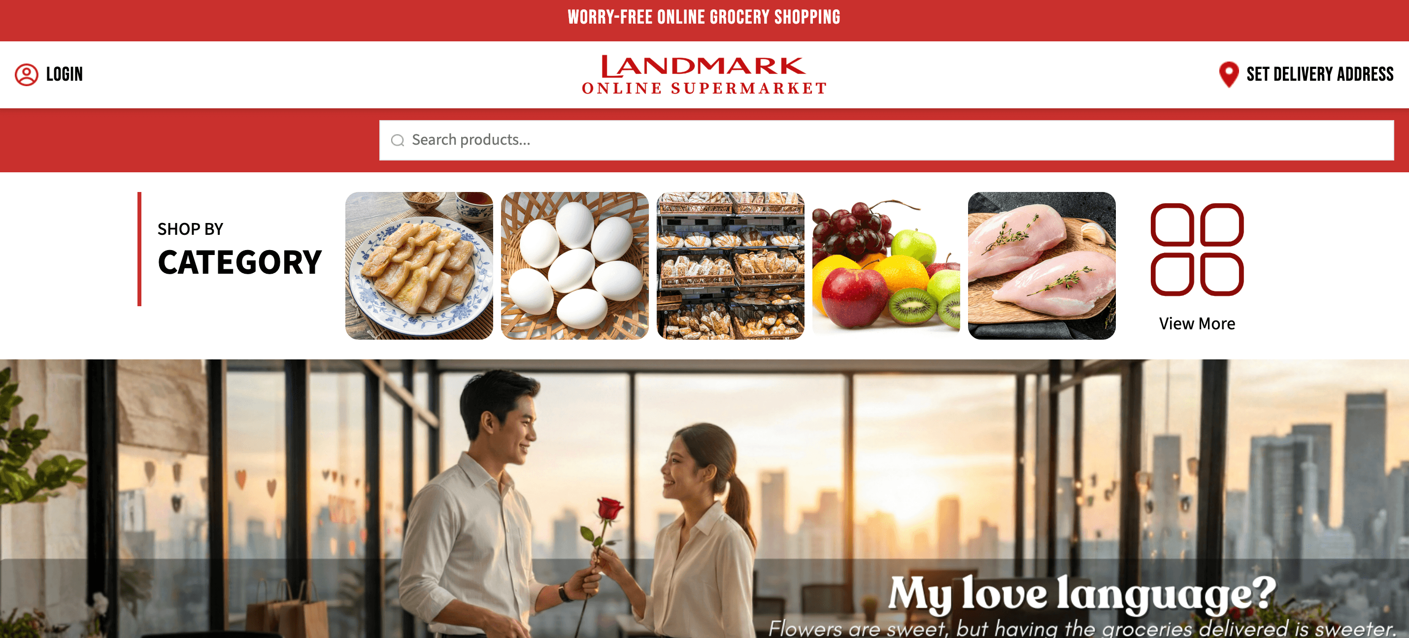 Landmark Online Supermarket homepage with product search, shop-by-category tiles and a promotional banner