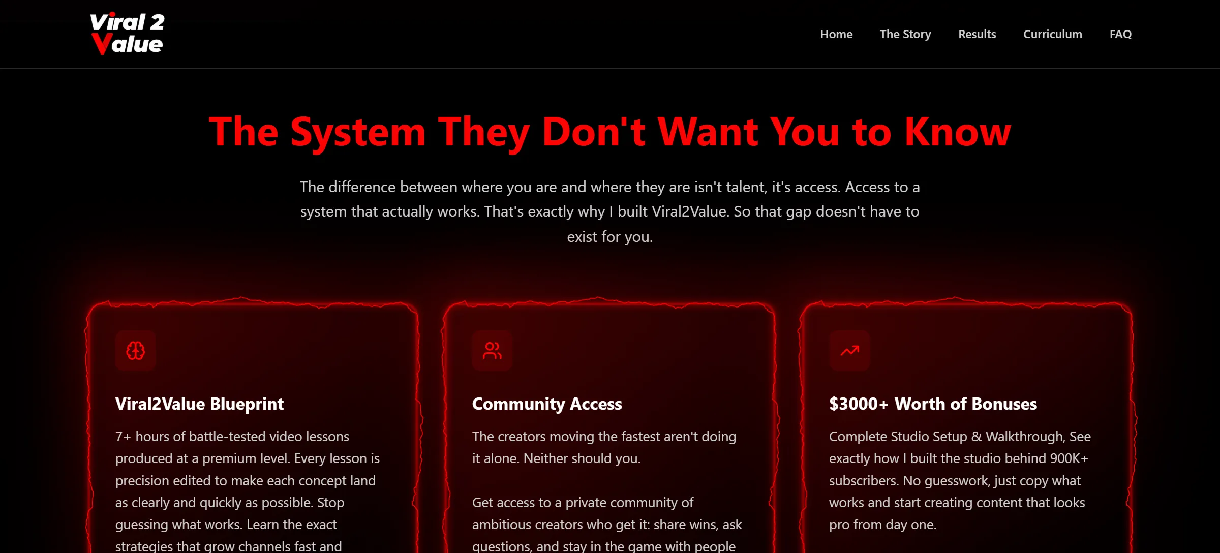 Viral2Value section "The System They Don't Want You to Know" with Blueprint, Community Access and Bonuses cards