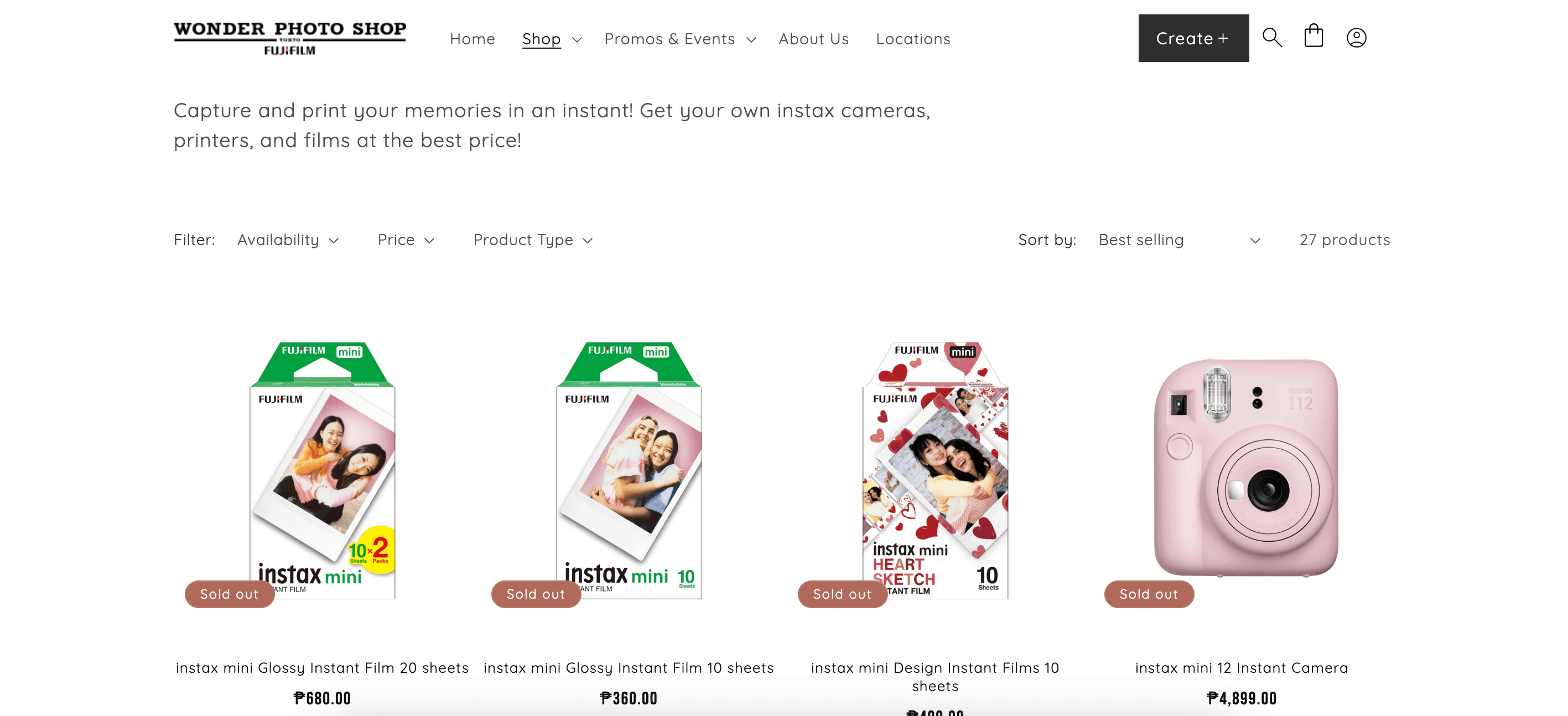 Wonder Photo Shop instax collection page listing instant film packs and the instax mini 12 camera
