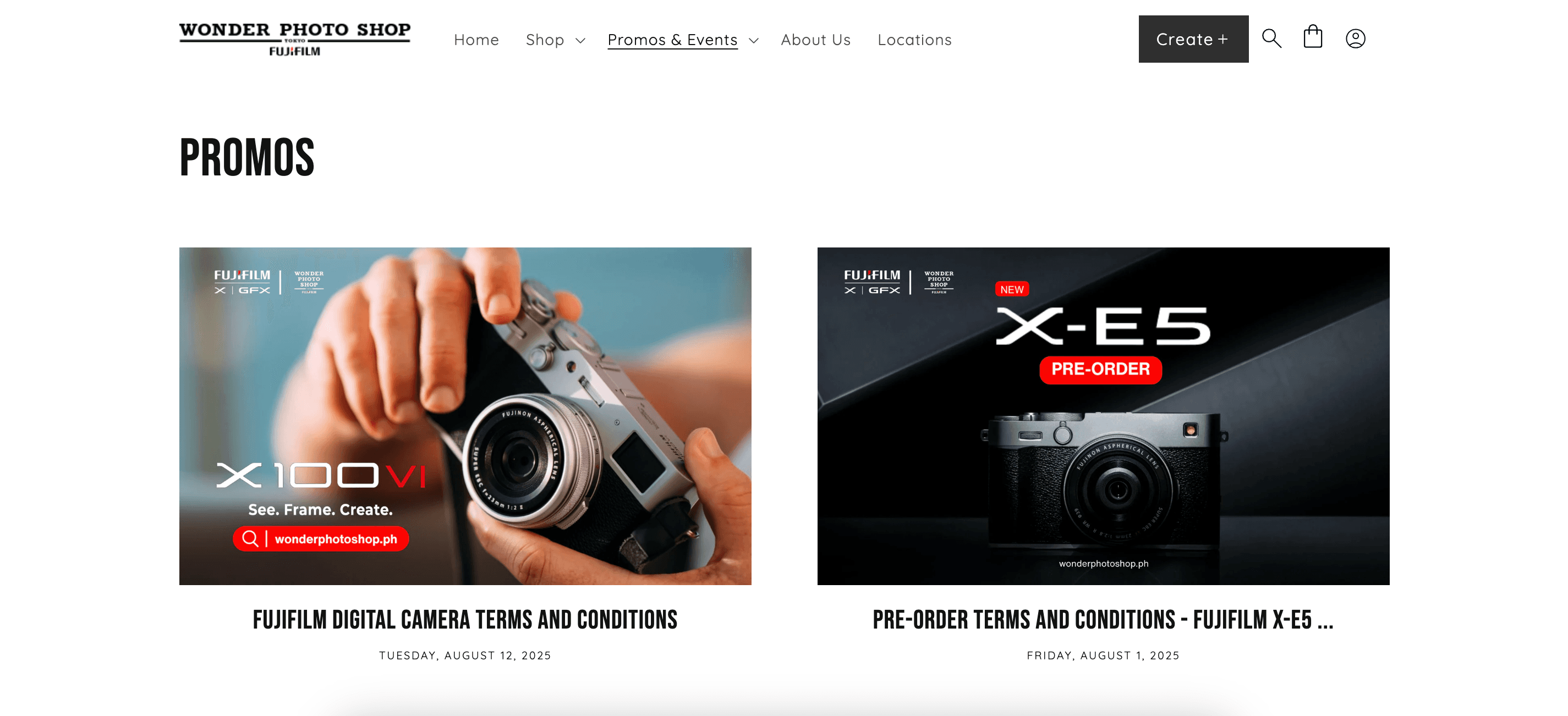 Wonder Photo Shop promos page featuring Fujifilm X100VI and X-E5 pre-order announcements