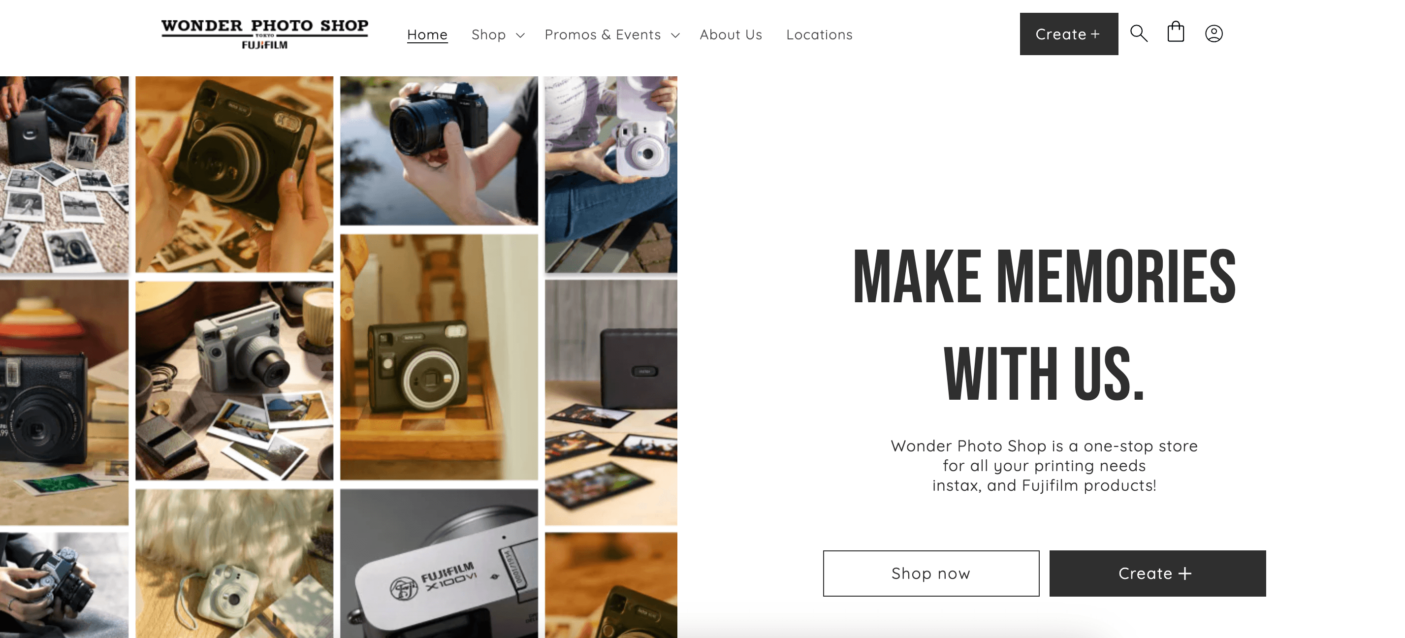 Wonder Photo Shop homepage with a Fujifilm and instax camera collage and the "Make memories with us" headline